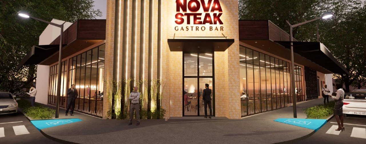 Fachada do Nova Steak Gastro Bar à noite